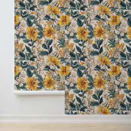 Papel Pintado Flores blancas amarillas doradas y florales elegan