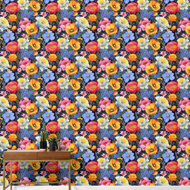Papel Pintado Flores blancas azules rojas audaces y brillantes (Pasillo)