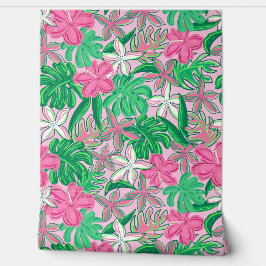 Papel Pintado Flores blancas rosadas tropicales con hojas de pal