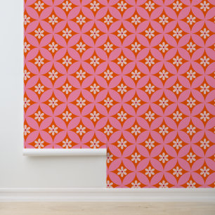 Papel Pintado Flores blancas sobre patrón de círculos rosados de