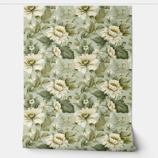 Papel Pintado Flores blancas verdes polvorientas del Shabby