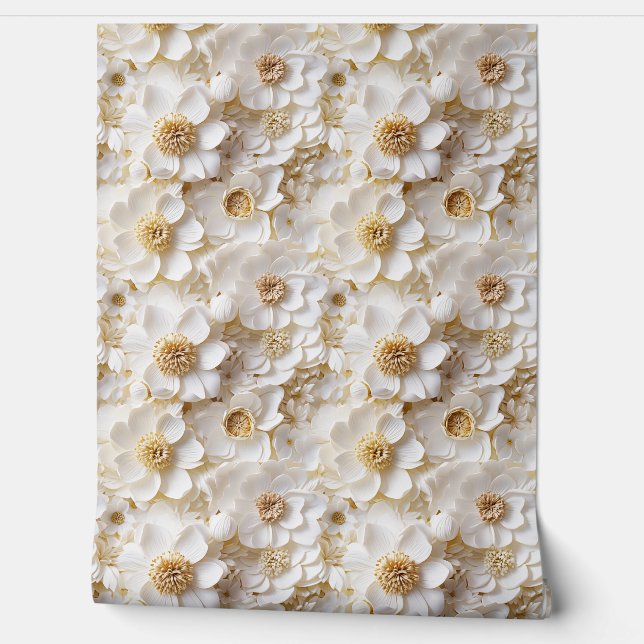Papel Pintado Flores blancas y doradas 3d de moda primavera flor (Desenrollar)