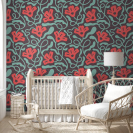 Papel Pintado Flores Botánicas Florales Silvestres Grandes Rojas