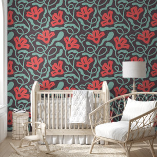 Papel Pintado Flores Botánicas Florales Silvestres Grandes Rojas