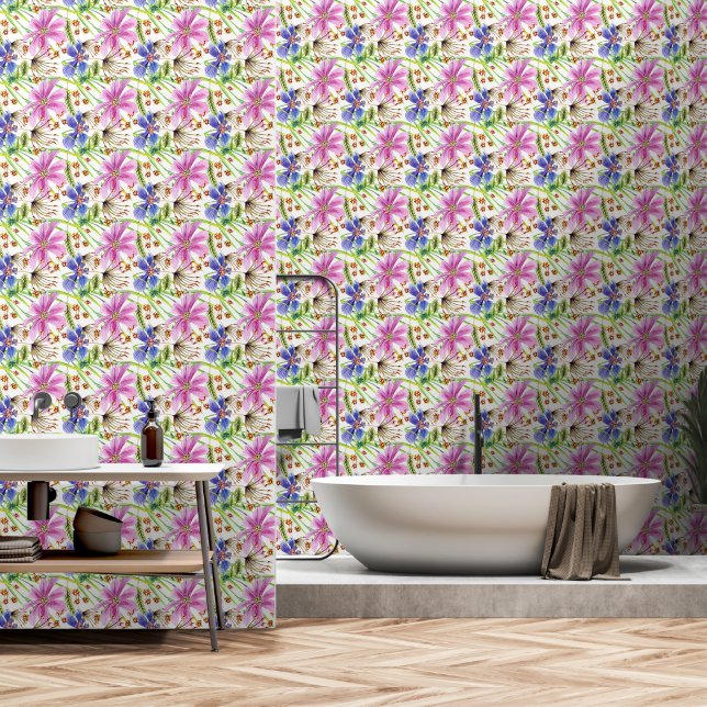 Papel Pintado Flores cosmales rosa y azul sobre blanco (Baño)