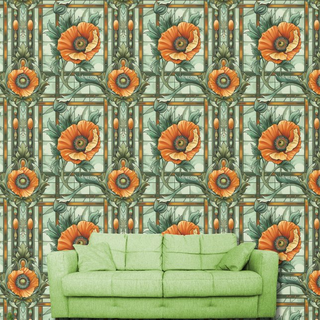 Papel Pintado Flores de adormidera Naranja Floral verde (Subido por el creador)