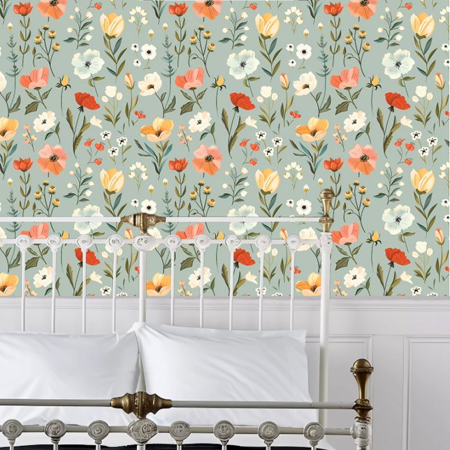 Papel Pintado Flores de algodón en verde sabio (Cottagecore Flowers on Sage Green Wallpaper behind a white metal bed frame. )