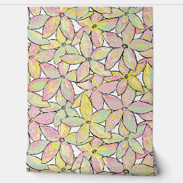 Papel Pintado Flores de arte moderno rosa verde amarillo.