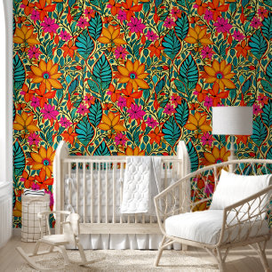 Papel Pintado Flores de Boho en Naranja, rosa, azul