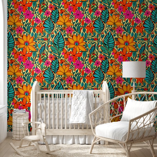 Papel Pintado Flores de Boho en Naranja, rosa, azul (Niños)