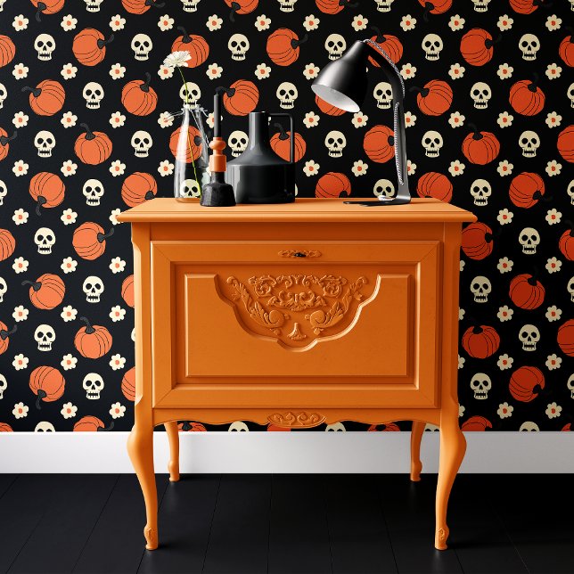 Papel Pintado Flores de calabaza de cráneo negro y naranja para  (Subido por el creador)