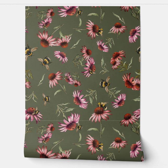 Papel Pintado Flores de equinácea Abejas Patrón (Desenrollar)
