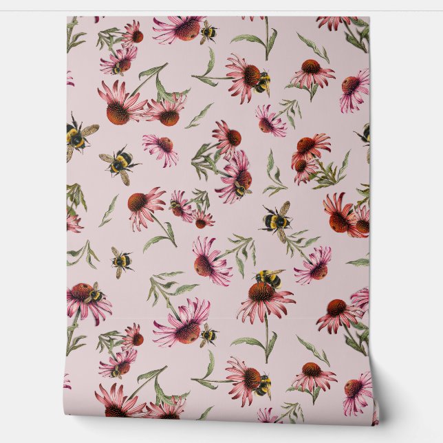 Papel Pintado Flores de equinácea con abejas (Desenrollar)