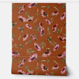 Papel Pintado Flores de equinácea Echinacea Abejas Patrón