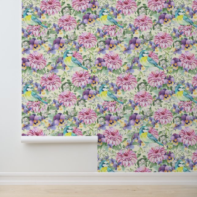 Papel Pintado Flores de flor rosa de zinnia floridas pájaros de  (Solicitud)