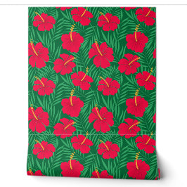Papel Pintado Flores de Hibisco Rojas sobre Hojas Tropicales Ver