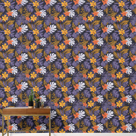 Papel Pintado Flores de hojas tropicales Naranja morado blanco a