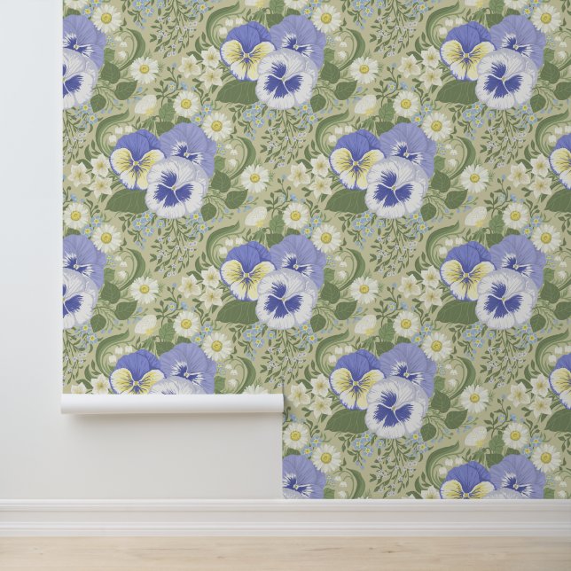 Papel Pintado Flores de jardín de primavera sobre salvia (Solicitud)