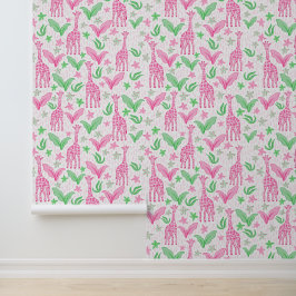 Papel Pintado Flores de jungla de jirafas rosadas adormideras