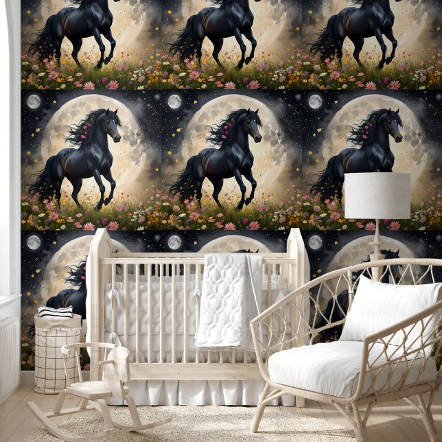 Papel Pintado Flores de Luna de Caballo Negro, (Niños)