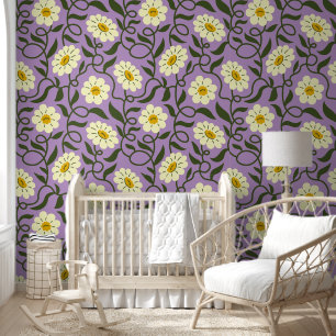 Papel Pintado flores de manzanilla sobre lavanda