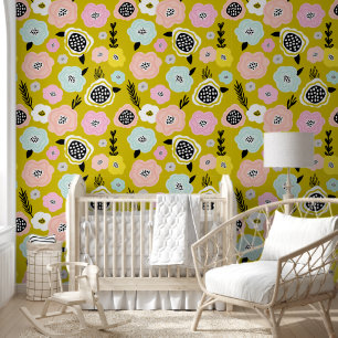 Papel Pintado Flores de margarita escandinavas mostaza nursera a