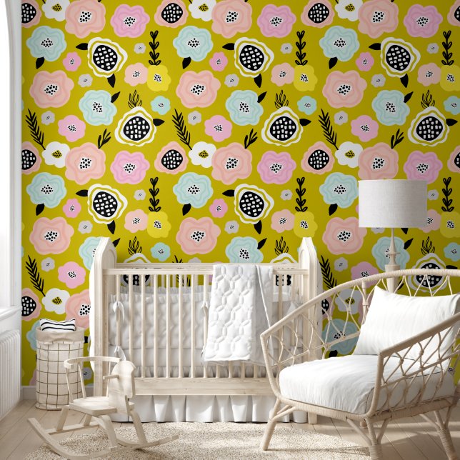 Papel Pintado Flores de margarita escandinavas mostaza nursera a (Niños)