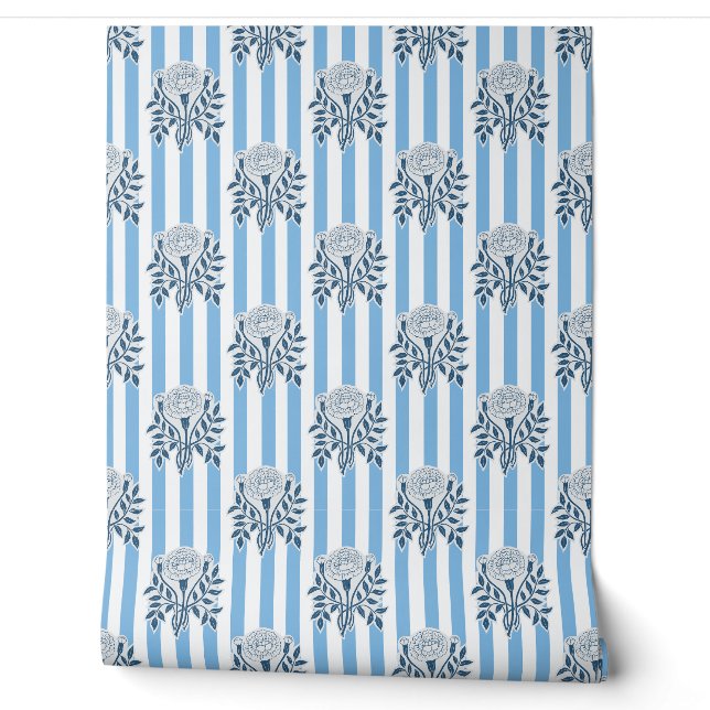 Papel Pintado flores de Marigold azul patrón de franja (Desenrollar)