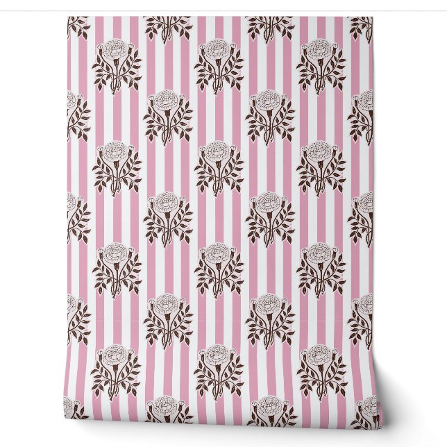 Papel Pintado flores de Marigold rosa patrón de franja (Desenrollar)
