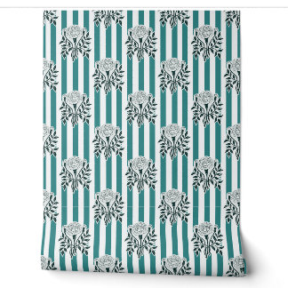 Papel Pintado flores de Marigold teal patrón de franja