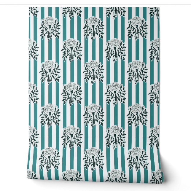 Papel Pintado flores de Marigold teal patrón de franja (Desenrollar)