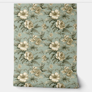 Papel Pintado Flores de oro de época chic y Shabby verde polvori