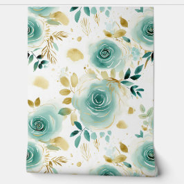 Papel Pintado Flores de oro verde blanco