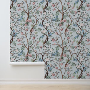Papel Pintado Flores de peonía de chinoiserie, árboles y pájaros