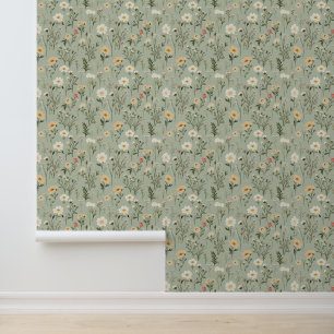 Papel Pintado Flores de pradera encantadoras en verde