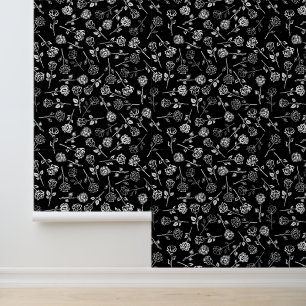Papel Pintado Flores de rosas blancas negras Patrón de patrón en