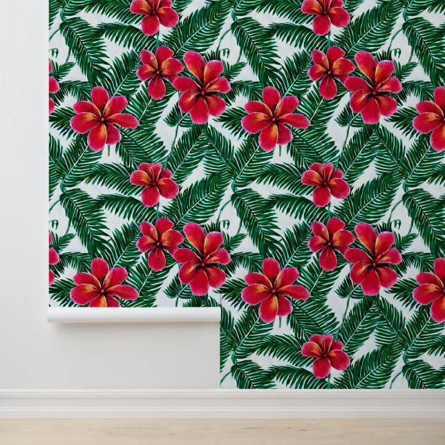 Papel Pintado Flores de selva tropical floral hibiscus botánico (Solicitud)