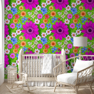 Papel Pintado Flores de verano vibrantes en violeta y verde