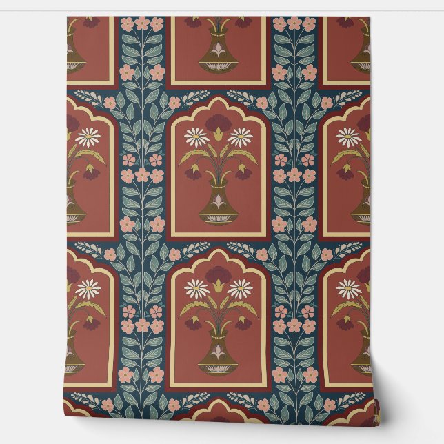 Papel Pintado Flores del patrimonio regional - Patrón floral vin (Desenrollar)