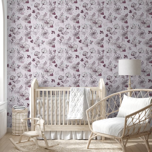 Papel Pintado Flores delicadas - patrón continuo de arte de líne (Niños)