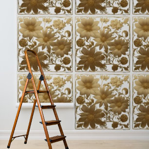 Papel Pintado Flores doradas despegar y pegar sobre fondo blanco