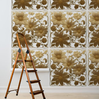Papel Pintado Flores doradas despegar y pegar sobre fondo blanco