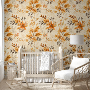 Papel Pintado Flores doradas y hojas
