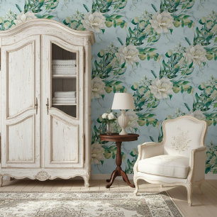 Papel Pintado Flores Exuberantes Y Elegante Patrón De Mármol Azu