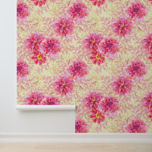 Papel Pintado Flores florales de oro rosado en crema