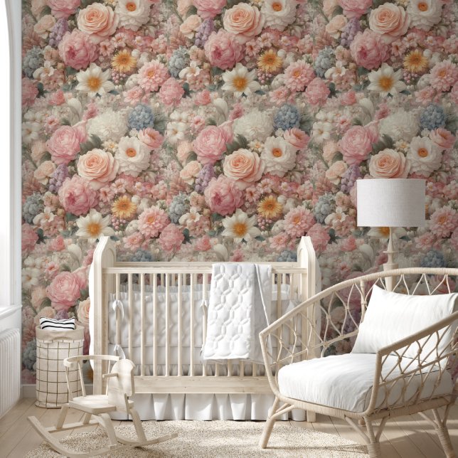 Papel Pintado Flores Florales Rosa Pastel Chic Deslucido (Niños)