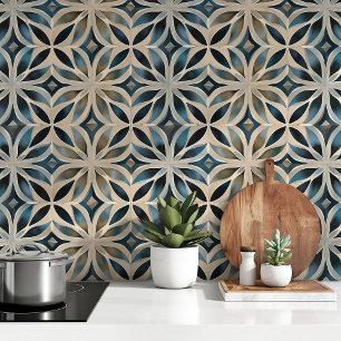 Papel Pintado Flores geométricas de lujo - azul y beige