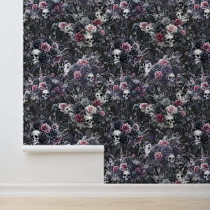 Papel Pintado Flores húmedas góticas, cráneos y cuervos
