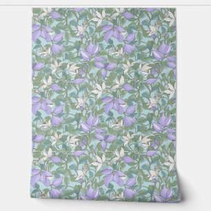 Papel Pintado Flores malvas pastel y hojas verdes de salvia