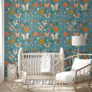 Papel Pintado Flores Mariposas Caprichosas Fondo Cian Floral
